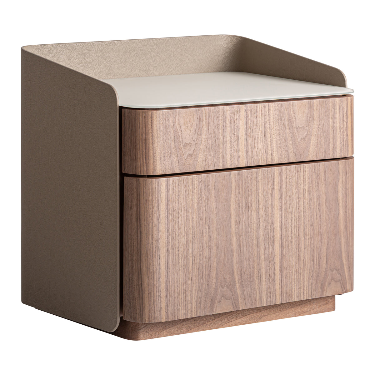 Vizille Bedside Table – Walnut Plywood & White Glass