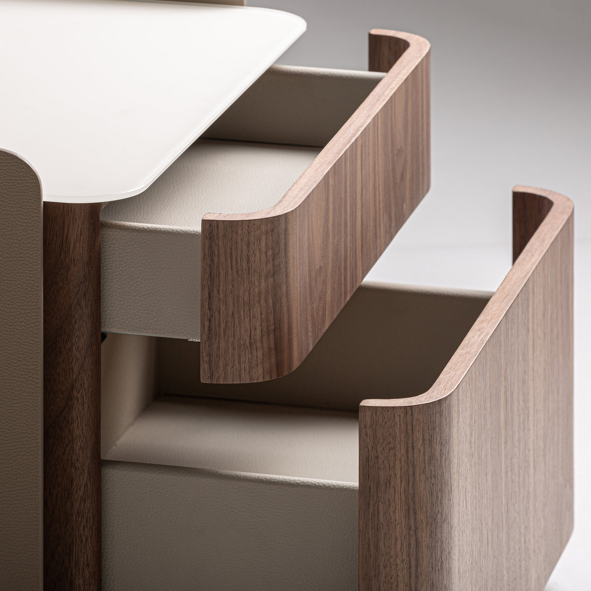 Vizille Bedside Table – Walnut Plywood & White Glass
