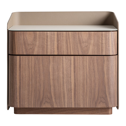 Vizille Bedside Table – Walnut Plywood & White Glass